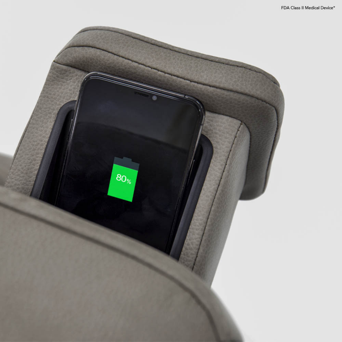 A smartphone with an 80% battery rests in a pocket on the armrest of the gray Pride VivaLift Ultra PLR4955 Recliner with Lift Assist, Heat and Massage, offering comfort and convenience together.