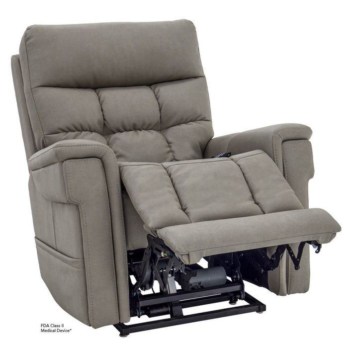 The Pride VivaLift Ultra PLR4955 Recliner with Lift Assist, Heat, and Massage features a cushioned gray design with padded arms, extended footrest, and visible reclining mechanism.