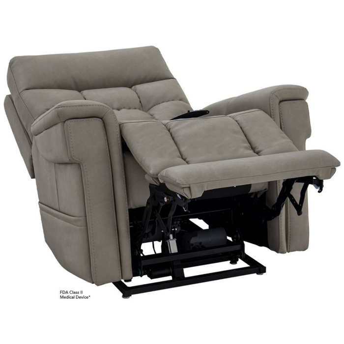 The Pride VivaLift Ultra PLR4955 Recliner with Lift Assist, Heat and Massage features gray upholstery, padded armrests, a footrest and backrest in a true-infinite reclined position, plus extended visible mechanical parts.