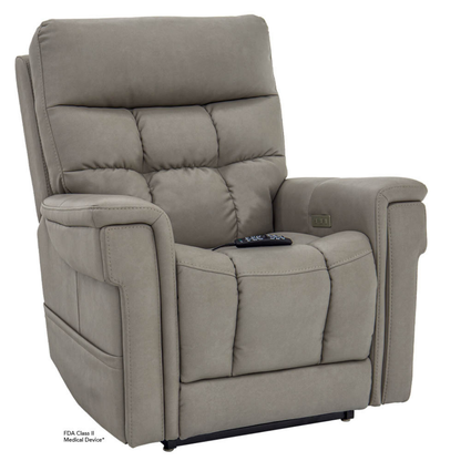 The Pride VivaLift Ultra PLR4955 Recliner with Lift Assist, Heat, and Massage is a plush, light gray chair featuring padded armrests and backrest. A remote rests on the seat and VivaLift® power adjustment buttons are on the arm.
