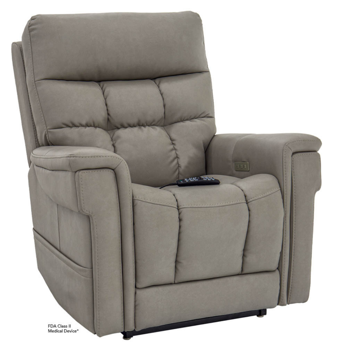 The Pride VivaLift Ultra PLR4955 Recliner with Lift Assist, Heat, and Massage is a plush, light gray chair featuring padded armrests and backrest. A remote rests on the seat and VivaLift® power adjustment buttons are on the arm.