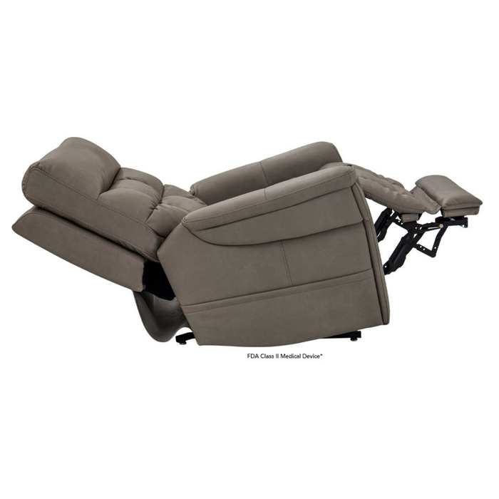 The Pride VivaLift Ultra PLR4955 Recliner with Lift Assist, Heat, and Massage features gray upholstery, a fully extended backrest, raised footrest, and True-Infinite Positioning for customizable comfort.