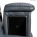 Close-up of a dark blue leather armrest with visible stitching and a built-in black wireless charging pad—an elegant feature found on the Pride VivaLift Ultra PLR4955 Recliner with Lift Assist, Heat, and Massage.