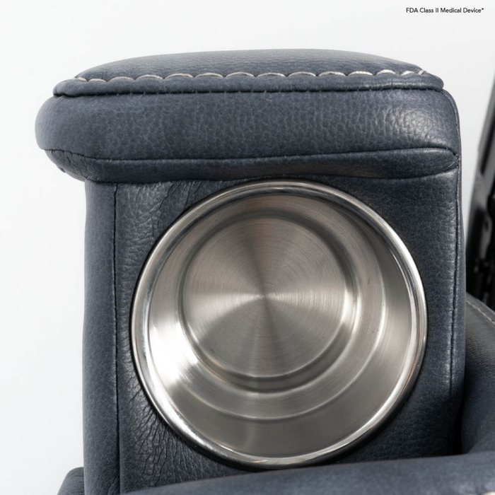 Close-up of a stainless steel cup holder in the armrest of the Pride VivaLift Ultra PLR4955 Recliner with Lift Assist, Heat and Massage. White stitching accents the dark gray leather, highlighting its premium comfort and style.