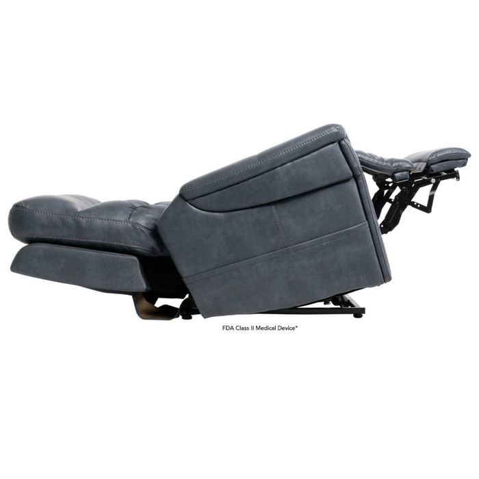 A dark gray Pride VivaLift Ultra PLR4955 Recliner with Lift Assist, Heat, and Massage is fully reclined with the backrest lowered and footrest raised, showcasing its side profile against a white background.