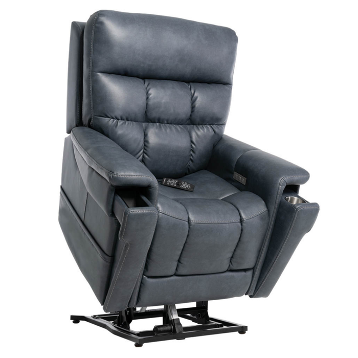 The Pride VivaLift Ultra PLR4955 Recliner features dark gray leather, padded armrests, cup holders, remote control, a metal base with power lift assist, plus soothing heat and massage for advanced comfort and support.