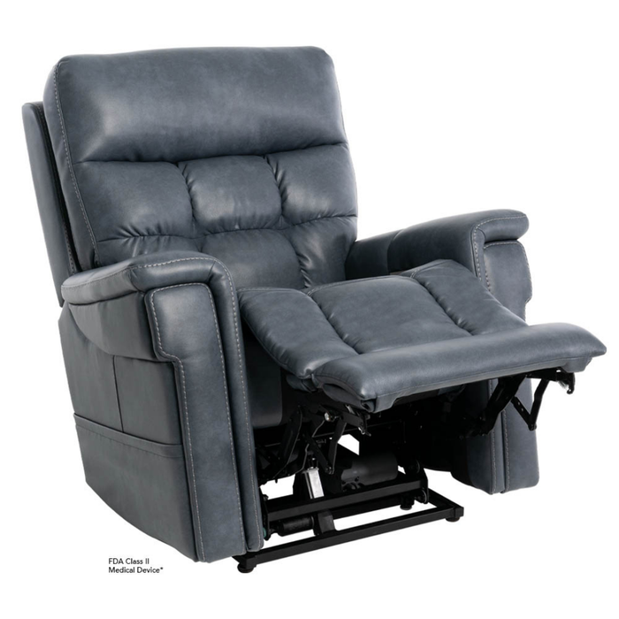 The Pride VivaLift Ultra PLR4955 Recliner with Lift Assist, Heat, and Massage features plush blue-gray leather cushioning, visible stitching, and VivaLift® technology. Shown partially reclined with the footrest extended.