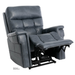 The Pride VivaLift Ultra PLR4955 Recliner with Lift Assist, Heat, and Massage features plush blue-gray leather cushioning, visible stitching, and VivaLift® technology. Shown partially reclined with the footrest extended.