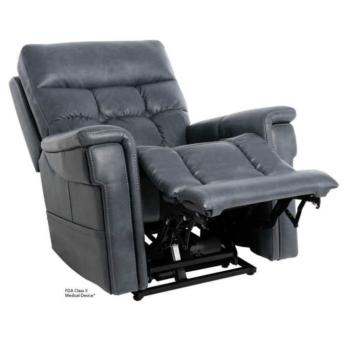 The Pride VivaLift Ultra PLR4955 Recliner with Lift Assist, Heat and Massage is a blue-gray armchair with plush cushioning and extended footrest, shown partially reclined for comfort and support.