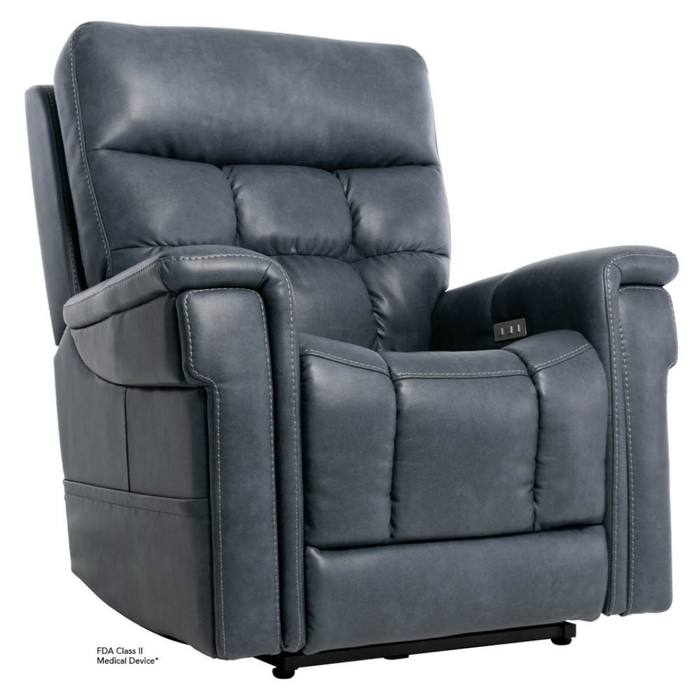The Pride VivaLift Ultra PLR4955 Recliner with Lift Assist, Heat and Massage is a dark gray leather recliner with tufted backrest, padded arms, right-arm control panel, VivaLift® tech, and is an FDA Class II medical device.