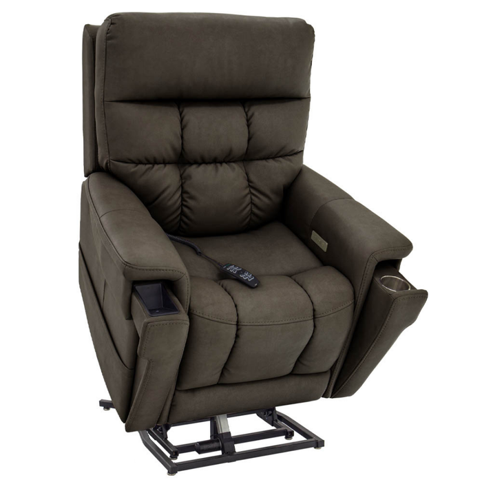 The Pride VivaLift Ultra PLR4955 Recliner with Lift Assist features plush dark brown upholstery, thick cushions, cup holders, remote control, heat and massage options, and True-Infinite Positioning for personalized comfort.
