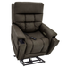The Pride VivaLift Ultra PLR4955 Recliner with Lift Assist features plush dark brown upholstery, thick cushions, cup holders, remote control, heat and massage options, and True-Infinite Positioning for personalized comfort.