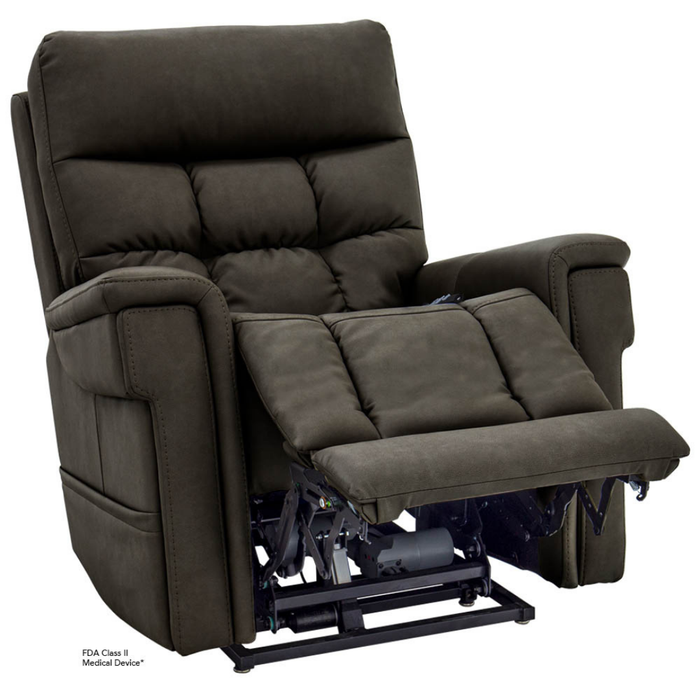 The Pride VivaLift Ultra PLR4955 Recliner with Lift Assist, Heat and Massage is shown in dark brown, partially reclined to reveal the footrest mechanism. It features plush cushions, wide padded armrests, a soft fabric finish, and advanced VivaLift® technology.