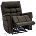 The Pride VivaLift Ultra PLR4955 Recliner with Lift Assist, Heat and Massage is shown in dark brown, partially reclined to reveal the footrest mechanism. It features plush cushions, wide padded armrests, a soft fabric finish, and advanced VivaLift® technology.