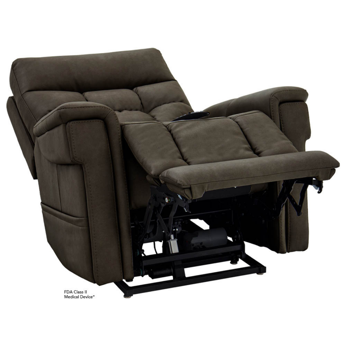 The Pride VivaLift Ultra PLR4955 Recliner with Lift Assist, Heat, and Massage is shown in a partially reclined position with extended footrest, featuring cushioned armrests, tufted backrest, and visible black metal reclining mechanism.
