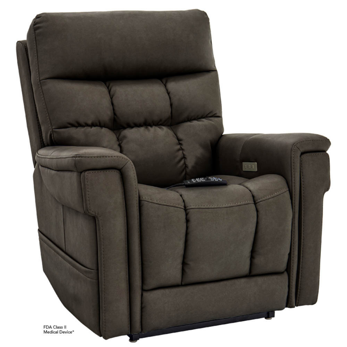 The Pride VivaLift Ultra PLR4955 Recliner with Lift Assist, Heat, and Massage offers plush dark brown upholstery, padded armrests, a high back, supportive stitching, True-Infinite Positioning, and an easy-to-use remote for ultimate comfort.
