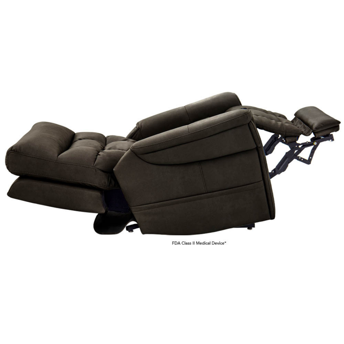 A dark brown Pride VivaLift Ultra PLR4955 Recliner with Lift Assist, Heat, and Massage in a fully extended position, showcasing True-Infinite Positioning with the footrest raised and backrest tilted for maximum comfort.