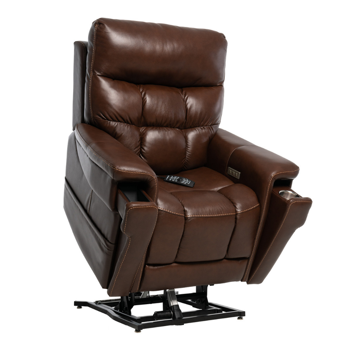 The Pride VivaLift Ultra PLR4955 Recliner with Lift Assist, Heat and Massage is shown in brown leather, partially raised, with padded armrests and backrest. A remote control rests on the seat, highlighting its advanced VivaLift® technology.