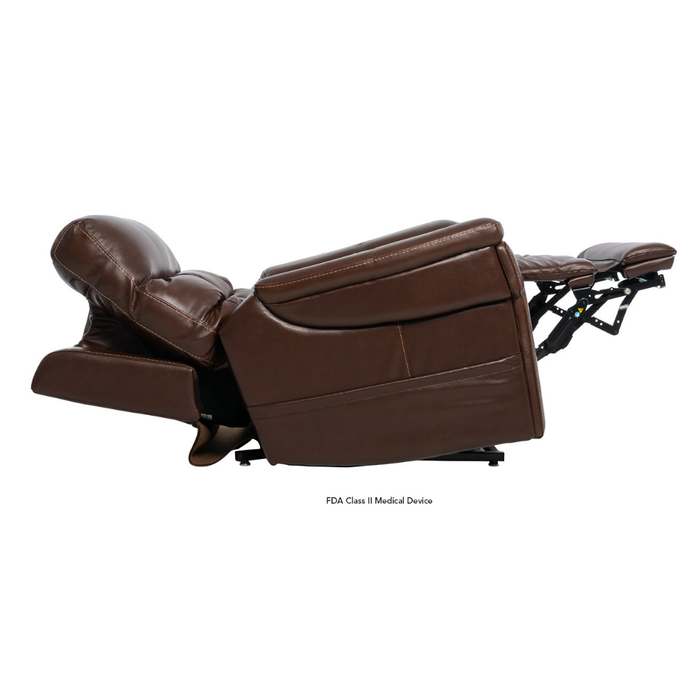 The Pride VivaLift Ultra PLR4955 Recliner with Lift Assist, Heat, and Massage is shown fully extended in brown leather, featuring True-Infinite Positioning with a reclined backrest and raised footrest for superior comfort.
