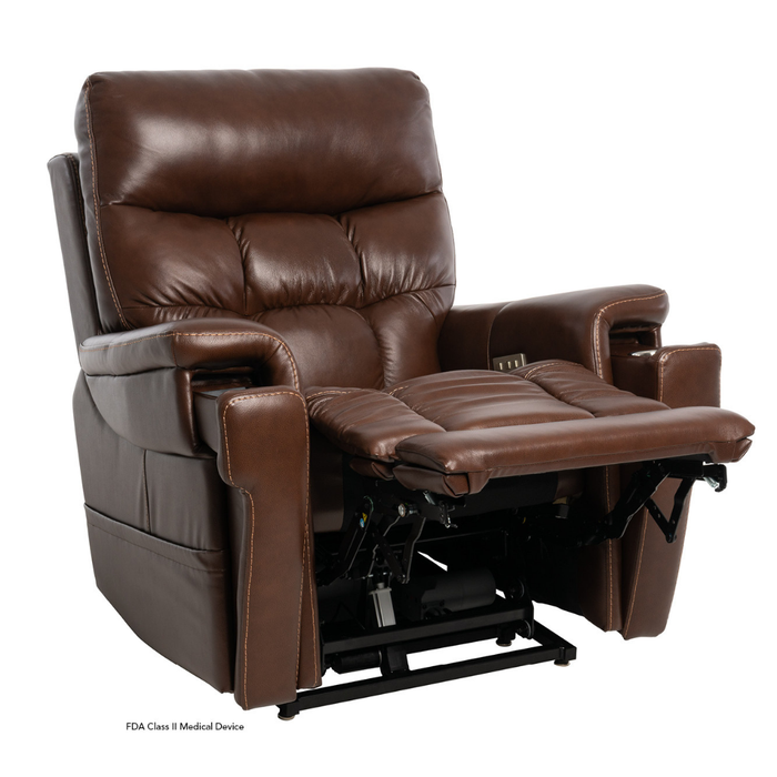 The Pride VivaLift Ultra PLR4955 Recliner with Lift Assist, Heat, and Massage is shown in brown leather, partially reclined with the footrest extended for maximum comfort and True-Infinite Positioning.