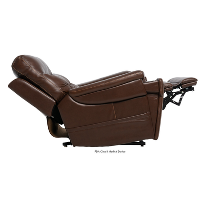 A brown Pride VivaLift Ultra PLR4955 Recliner with Lift Assist, Heat and Massage is fully reclined with the footrest extended, shown from a side view against a white background.