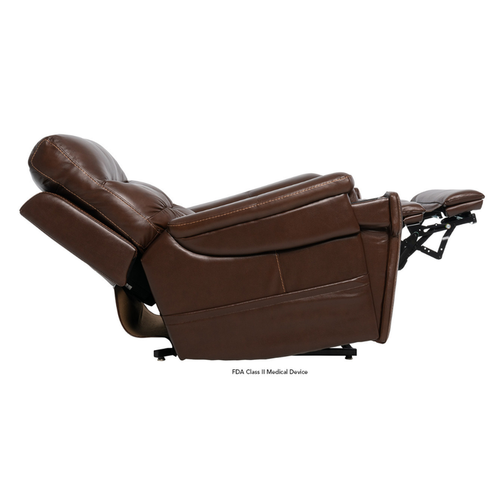 A brown Pride VivaLift Ultra PLR4955 Recliner with Lift Assist, Heat and Massage is fully reclined with the footrest extended, shown from a side view against a white background.