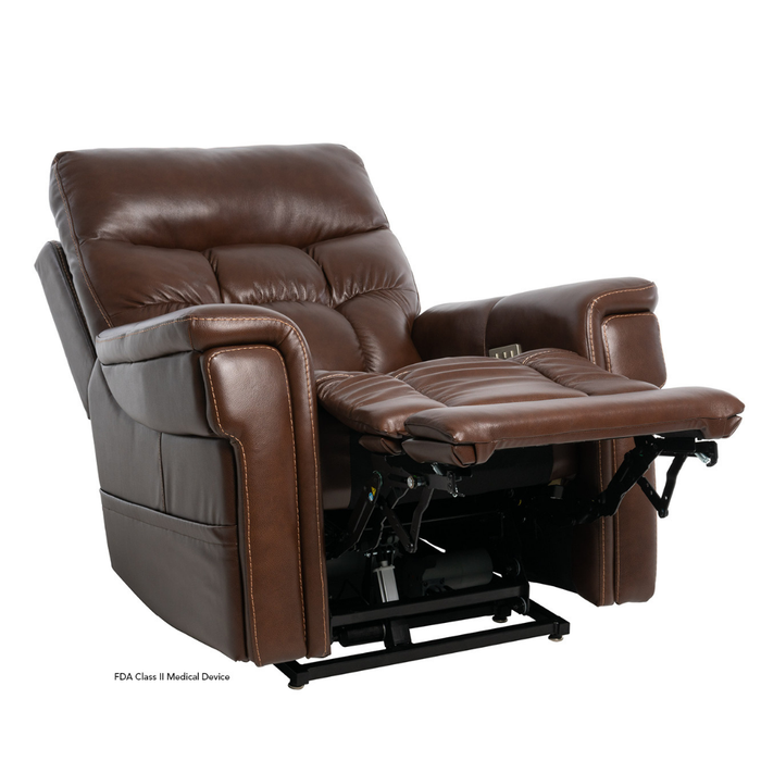 The Pride VivaLift Ultra PLR4955 Recliner with Lift Assist, Heat, and Massage is a brown leather power chair with padded armrests, visible stitching, a sturdy black metal base, and advanced VivaLift® technology for superior comfort.