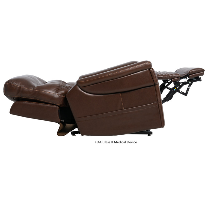 The Pride VivaLift Ultra PLR4955 Recliner with Lift Assist, Heat, and Massage is shown in brown leather, fully extended with raised footrest and tilted backrest in a side profile view for maximum comfort and support.