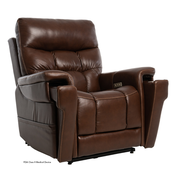 The Pride VivaLift Ultra PLR4955 Recliner with Lift Assist features brown leather upholstery, padded armrests and backrest, visible stitching, True-Infinite Positioning, heat and massage functions, side electronic controls, and a black base.