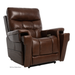 The Pride VivaLift Ultra PLR4955 Recliner with Lift Assist features brown leather upholstery, padded armrests and backrest, visible stitching, True-Infinite Positioning, heat and massage functions, side electronic controls, and a black base.
