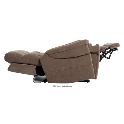 A brown Pride VivaLift Ultra PLR4955 Recliner with Lift Assist, Heat and Massage is fully extended side-on against a white background, showcasing its True-Infinite Positioning with the backrest tilted and footrest raised.