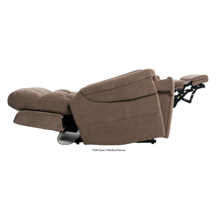 A brown Pride VivaLift Ultra PLR4955 Recliner with Lift Assist, Heat and Massage is fully extended side-on against a white background, showcasing its True-Infinite Positioning with the backrest tilted and footrest raised.