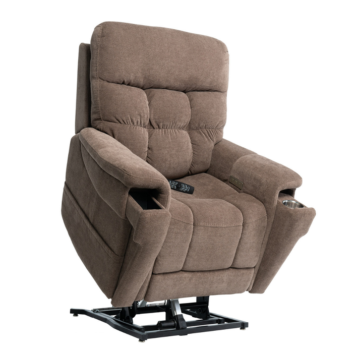 The Pride VivaLift Ultra PLR4955 Recliner with Lift Assist, Heat, and Massage features plush brown upholstery, padded cushions, built-in cup holder, side storage pocket, and is shown partially raised on its metal base for standing assistance.