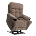 The Pride VivaLift Ultra PLR4955 Recliner with Lift Assist, Heat, and Massage features plush brown upholstery, padded cushions, built-in cup holder, side storage pocket, and is shown partially raised on its metal base for standing assistance.