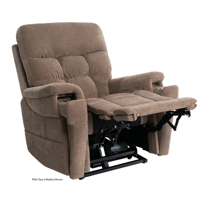 The Pride VivaLift Ultra PLR4955 Recliner with Lift Assist features brown upholstery, padded armrests, extended footrest, visible reclining/lifting mechanisms, True-Infinite Positioning, as well as heat and massage functions for personalized comfort.