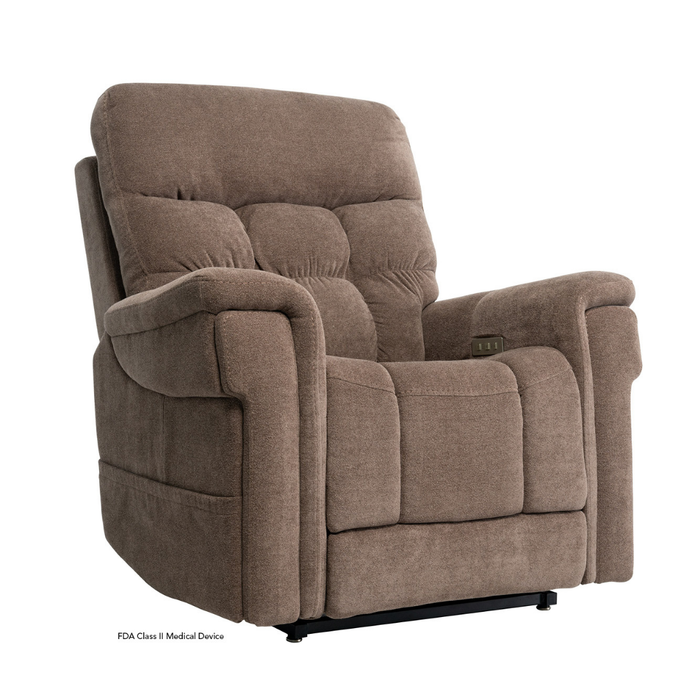 A Pride VivaLift Ultra PLR4955 Recliner with Lift Assist, Heat, and Massage features plush brown upholstery, padded armrests, tufted backrest, True-Infinite Positioning, and an electric control panel on the right arm against a white background.