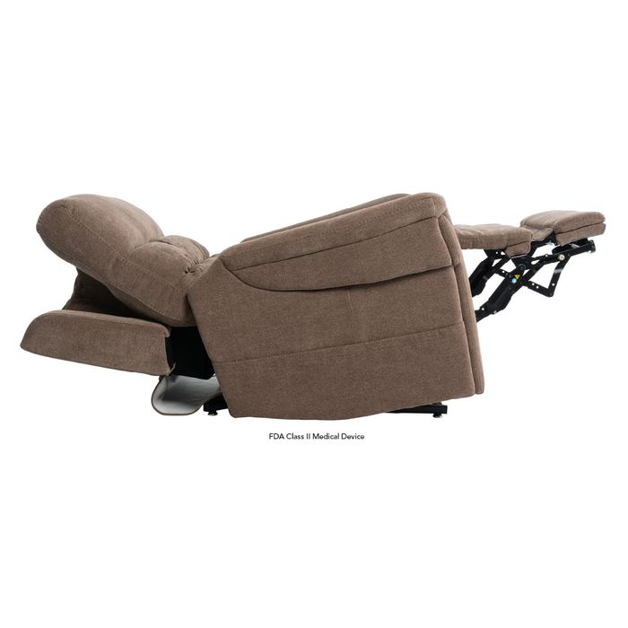 The Pride VivaLift Ultra PLR4955 Recliner with Lift Assist, Heat, and Massage is shown fully extended with its backrest tilted and footrest raised, highlighting its True-Infinite Positioning mechanism against a white background.