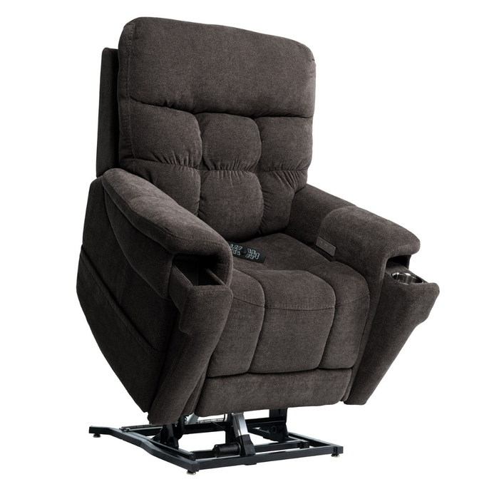 The Pride VivaLift Ultra PLR4955 Recliner with Lift Assist features heat and massage, a built-in lift mechanism for standing assistance, plush dark brown upholstery, wide armrests, true-infinite positioning, and an easy-to-use remote.