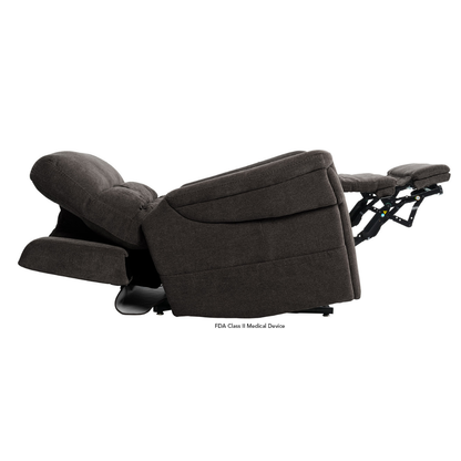 A dark brown Pride VivaLift Ultra PLR4955 Recliner with Lift Assist, Heat, and Massage is fully reclined with the footrest extended and backrest tilted, shown against a white background.