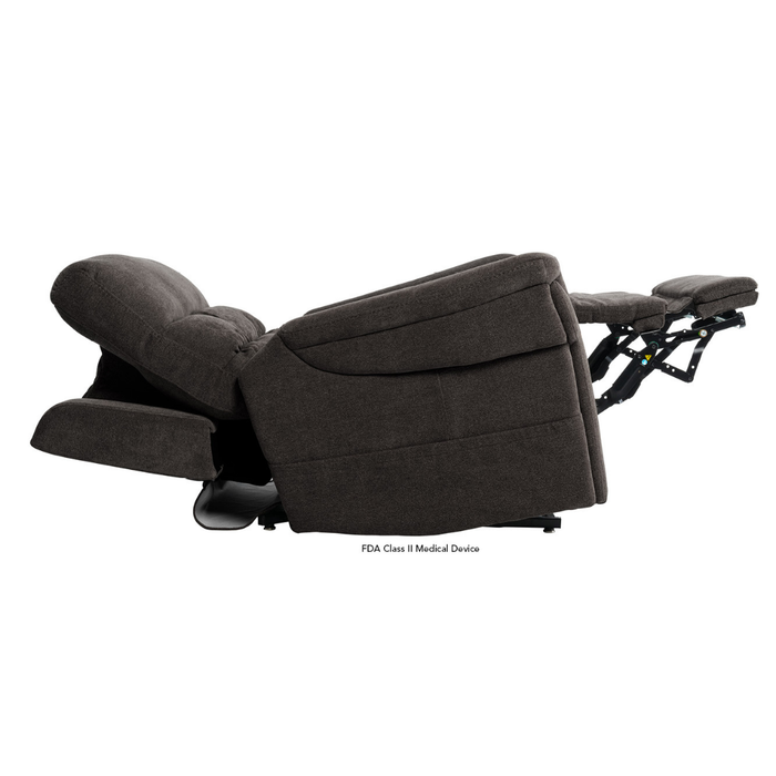 A dark brown Pride VivaLift Ultra PLR4955 Recliner with Lift Assist, Heat, and Massage is fully reclined with the footrest extended and backrest tilted, shown against a white background.