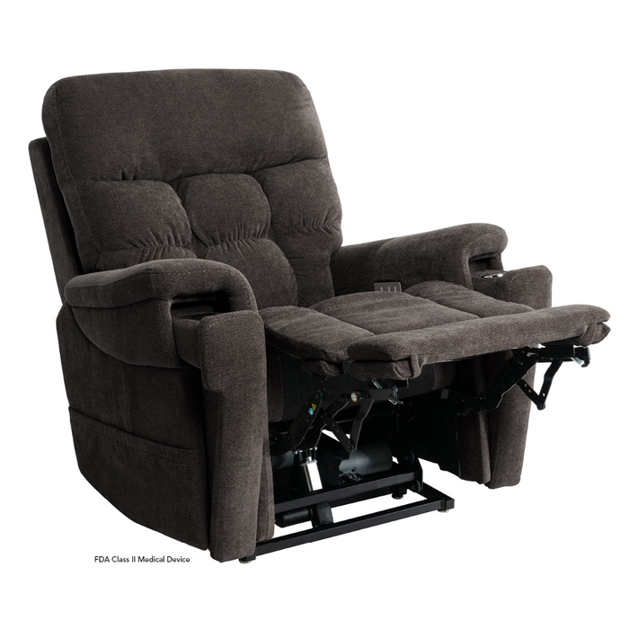 A dark brown Pride VivaLift Ultra PLR4955 Recliner with Lift Assist, Heat, and Massage, featuring padded armrests, an extended footrest, true-infinite positioning, a soft tufted back, and reclined for comfort and relaxation.