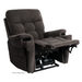 A dark brown Pride VivaLift Ultra PLR4955 Recliner with Lift Assist, Heat, and Massage, featuring padded armrests, an extended footrest, true-infinite positioning, a soft tufted back, and reclined for comfort and relaxation.