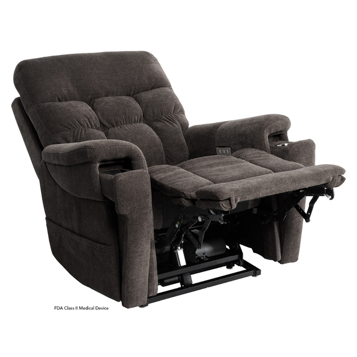 The Pride VivaLift Ultra PLR4955 Recliner with Lift Assist, Heat and Massage offers plush comfort, padded armrests, an extended footrest, true-infinite positioning, and exposed mechanical components—ideal for relaxation or medical needs.