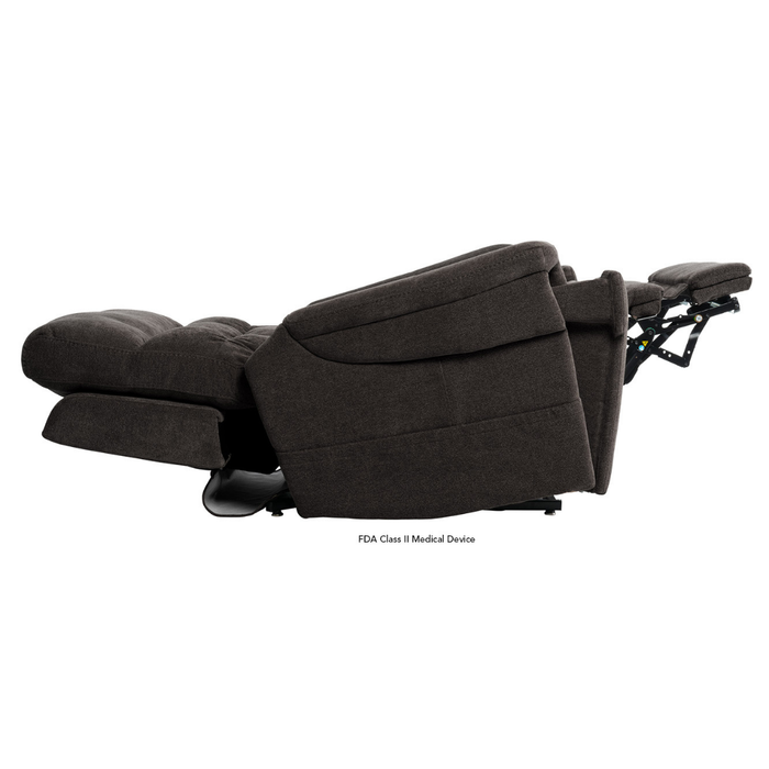 A dark brown Pride VivaLift Ultra PLR4955 Recliner with Lift Assist, fully extended to show its footrest and backrest in a horizontal position, featuring True-Infinite Positioning, heat, and massage functions for ultimate comfort.