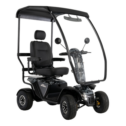 The Pride Baja® Wrangler® 2 Heavy Duty Outdoor Scooter with Canopy features a black seat, armrests, headrest, roof, clear windshield, side mirrors, and rugged tires—built for outdoor performance and comfort on any adventure.