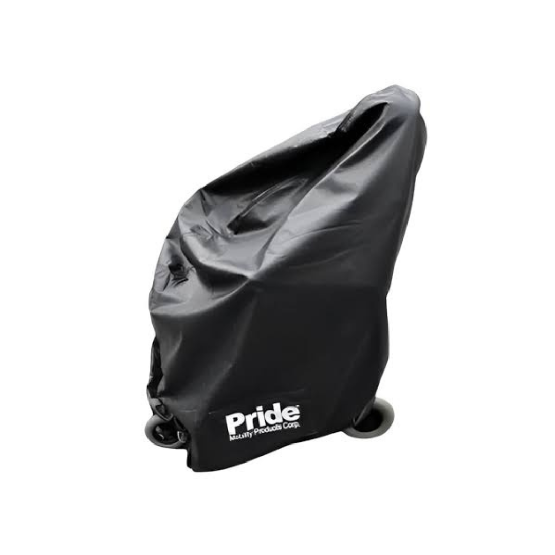 The All-Weather Cover for Pride Mobility Powerchairs, featuring the Pride Mobility Products Corp. logo, is a black, weather-resistant cover draped over what appears to be a power wheelchair, with two wheels partially visible at the bottom—providing reliable protection and coverage in any conditions.