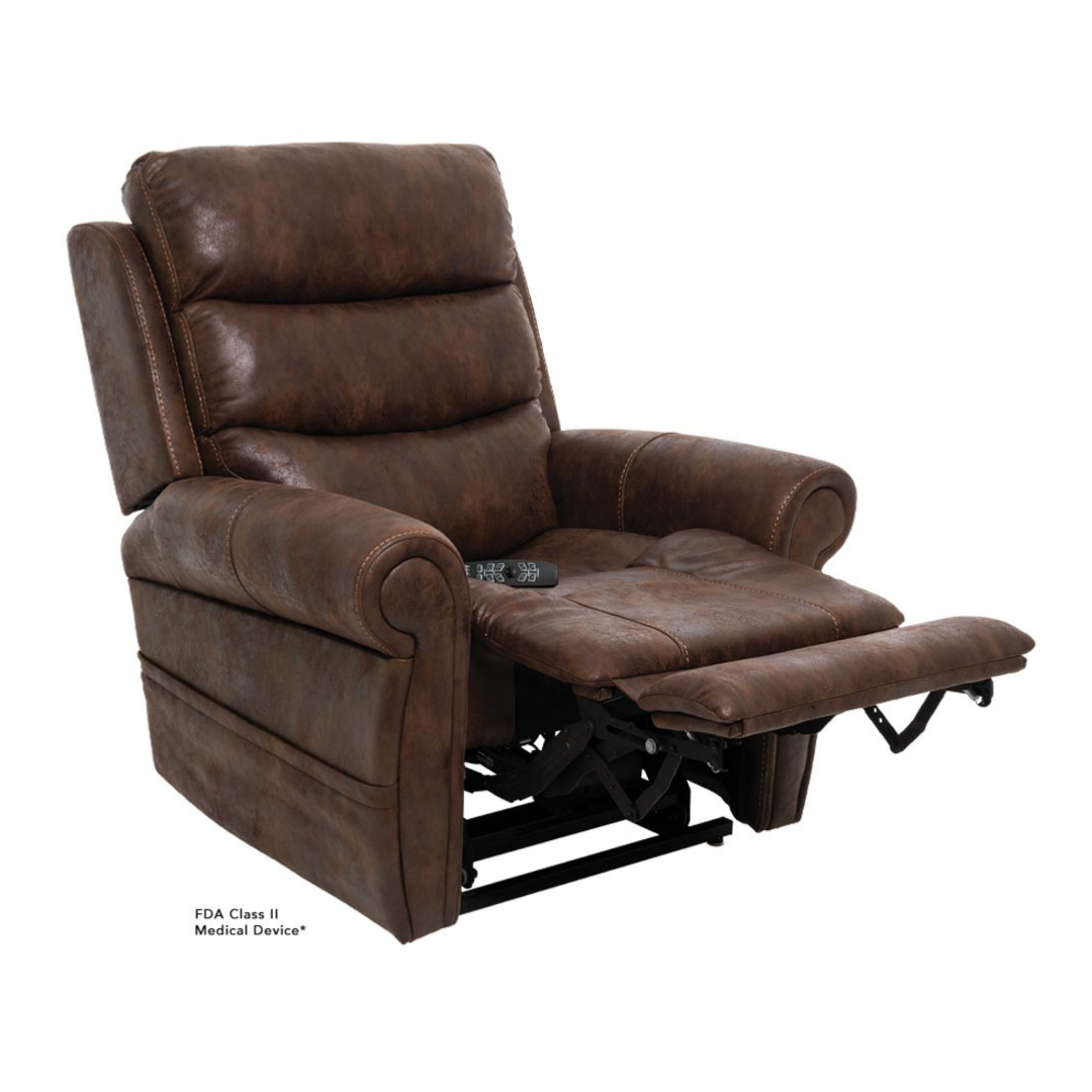 The Pride Mobility VivaLift!® Tranquil 2 Recliner with Lift Assist is a brown leather power lift chair featuring plush cushioning, extended footrest, seat-mounted remote, partial recline, and is classified as an FDA Class II medical device.