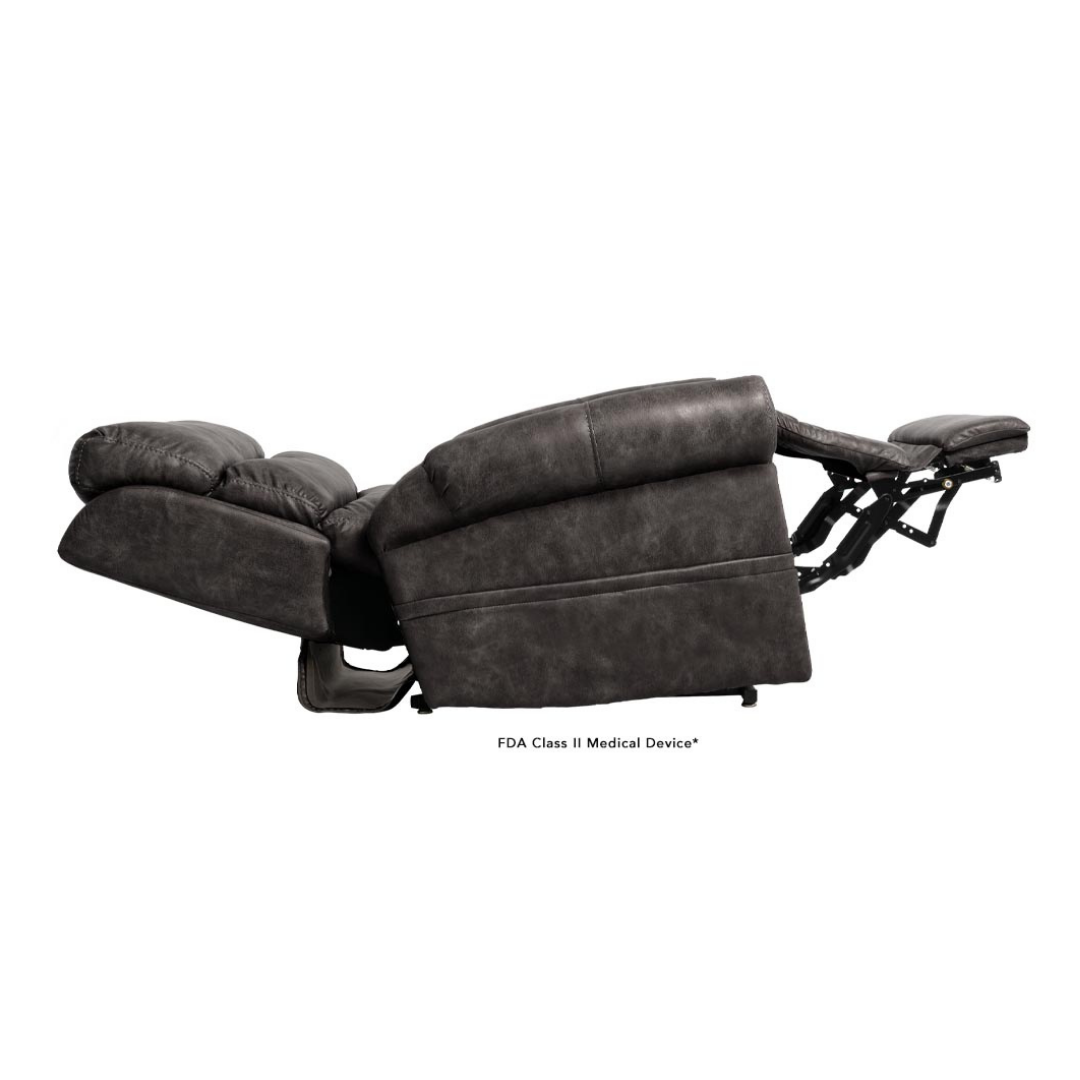 The Pride Mobility VivaLift!® Tranquil 2 Recliner with Lift Assist features a dark leather finish, elegant design, and can be fully extended to show its side profile with a tilted backrest and raised footrest for personalized comfort.