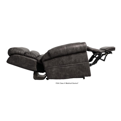 The Pride Mobility VivaLift!® Tranquil 2 Recliner with Lift Assist features a dark leather finish, elegant design, and can be fully extended to show its side profile with a tilted backrest and raised footrest for personalized comfort.