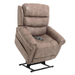 The Pride Mobility VivaLift!® Tranquil 2 Recliner with Lift Assist features brown suede upholstery, padded armrests and backrest, a metal lift base, and a remote control for customized comfort.